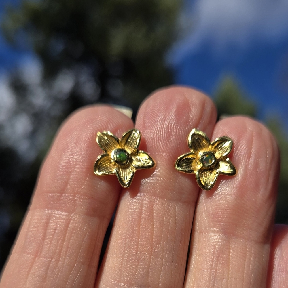 Black Opal Natural Sterling & Gold Earrings - Picture 2 of 11